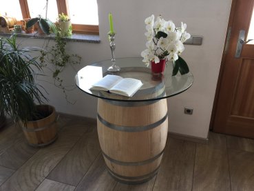 Preview: 100 Liter Fasstisch Weinfass als Stehtisch Kastanienfass neu, Tischfass Holzfass 100 Liter